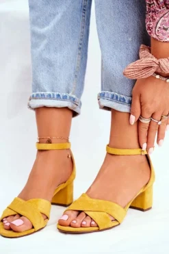 Damskie Boto Zamszowe Sandałki na Słupku Żółte Nela