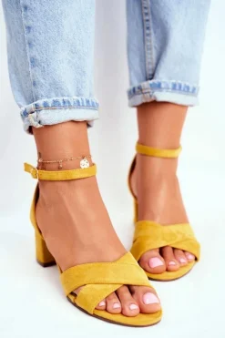 Damskie Boto Zamszowe Sandałki na Słupku Żółte Nela