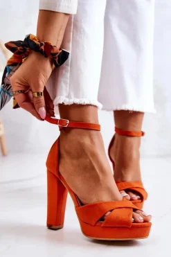 Damskie Boto Zamszowe Sandałki Na Słupku Pomarańczowe Lanelle