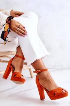 Damskie Boto Zamszowe Sandałki Na Słupku Pomarańczowe Lanelle