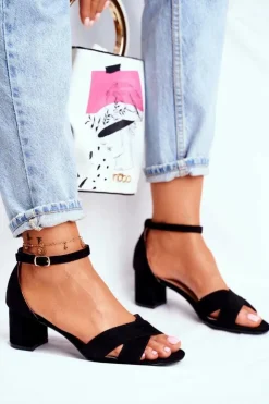 Hot Boto Zamszowe Sandałki na Słupku Czarne Nela