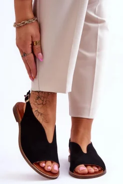 Outlet Boto Zamszowe Sandały Damskie Lewski Shoes 3220/X Beżowe Czarny