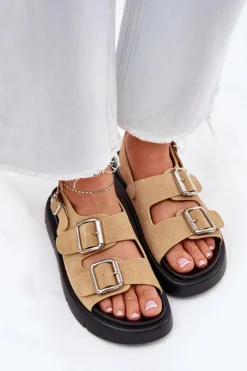 Damskie Big Star Shoes Zamszowe Sandały Damskie Z Klamrami Big Star RR274665 Beżowe