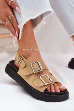 Damskie Big Star Shoes Zamszowe Sandały Damskie Z Klamrami Big Star RR274665 Beżowe