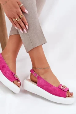 Damskie Damskie buty S.Barski Zamszowe Sandały Damskie Ze Złotym Detalem S.Barski GR51-604 Fuksja