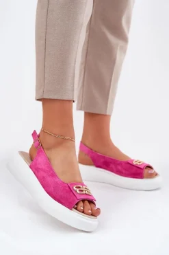 Damskie Damskie buty S.Barski Zamszowe Sandały Damskie Ze Złotym Detalem S.Barski GR51-604 Fuksja