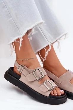 Outlet Big Star Shoes Zamszowe Sandały Damskie Z Klamrami Big Star RR274663 Jasnoróżowe Różowy