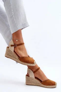 Boto Sandały Na Koturnie*Zamszowe Sandały Espadryle Na Koturnie Z Plecionką Camel Raylin