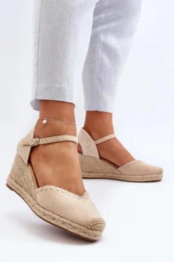 Boto Sandały Na Koturnie*Zamszowe Sandały Espadryle Na Koturnie Z Plecionką Beżowe Raylin