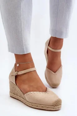 Boto Sandały Na Koturnie*Zamszowe Sandały Espadryle Na Koturnie Z Plecionką Beżowe Raylin