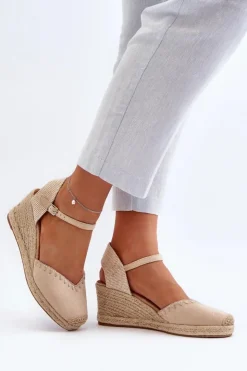 Boto Sandały Na Koturnie*Zamszowe Sandały Espadryle Na Koturnie Z Plecionką Beżowe Raylin