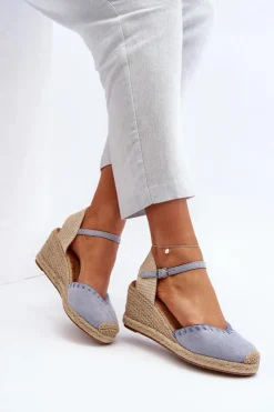 Boto Zamszowe Sandały Espadryle Na Koturnie Z Plecionką Niebieskie Raylin