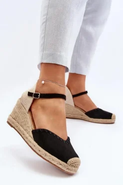 Damskie Boto Zamszowe Sandały Espadryle Na Koturnie Z Plecionką Czarne Raylin