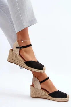 Damskie Boto Zamszowe Sandały Espadryle Na Koturnie Z Plecionką Czarne Raylin