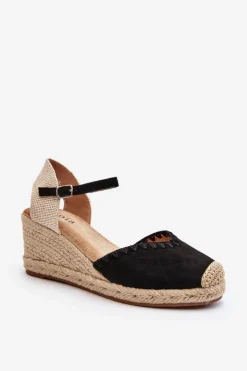 Damskie Boto Zamszowe Sandały Espadryle Na Koturnie Z Plecionką Czarne Raylin