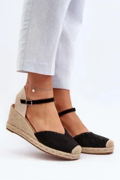 Damskie Boto Zamszowe Sandały Espadryle Na Koturnie Z Plecionką Czarne Raylin
