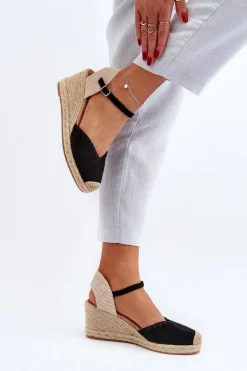 Damskie Boto Zamszowe Sandały Espadryle Na Koturnie Z Plecionką Czarne Raylin