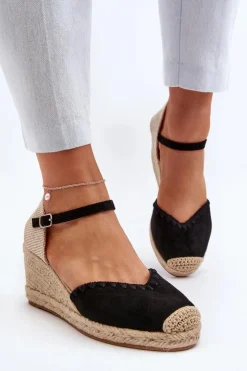 Damskie Boto Zamszowe Sandały Espadryle Na Koturnie Z Plecionką Czarne Raylin