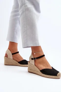 Damskie Boto Zamszowe Sandały Espadryle Na Koturnie Z Plecionką Czarne Raylin