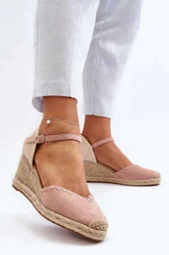 Damskie Boto Zamszowe Sandały Espadryle Na Koturnie Z Plecionką Różowe Raylin