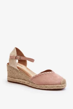 Damskie Boto Zamszowe Sandały Espadryle Na Koturnie Z Plecionką Różowe Raylin