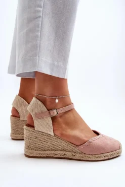 Damskie Boto Zamszowe Sandały Espadryle Na Koturnie Z Plecionką Różowe Raylin