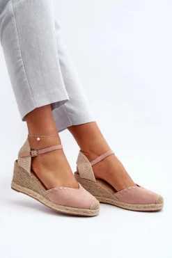 Damskie Boto Zamszowe Sandały Espadryle Na Koturnie Z Plecionką Różowe Raylin