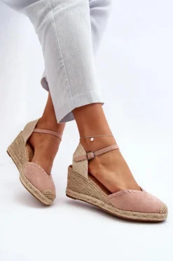 Damskie Boto Zamszowe Sandały Espadryle Na Koturnie Z Plecionką Różowe Raylin