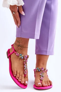 Boto Sandały Płaskie*Zamszowe Sandały Japonki Z Kamieniami Różowe Frency