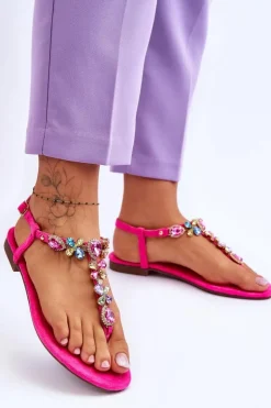 Boto Sandały Płaskie*Zamszowe Sandały Japonki Z Kamieniami Różowe Frency
