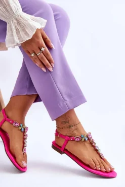 Boto Sandały Płaskie*Zamszowe Sandały Japonki Z Kamieniami Różowe Frency