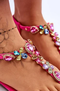 Boto Sandały Płaskie*Zamszowe Sandały Japonki Z Kamieniami Różowe Frency