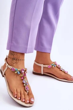 Boto Zamszowe Sandały Japonki Z Kamieniami Beżowe Frency