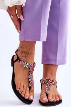 Damskie Boto Zamszowe Sandały Japonki Z Kamieniami Czarne Frency