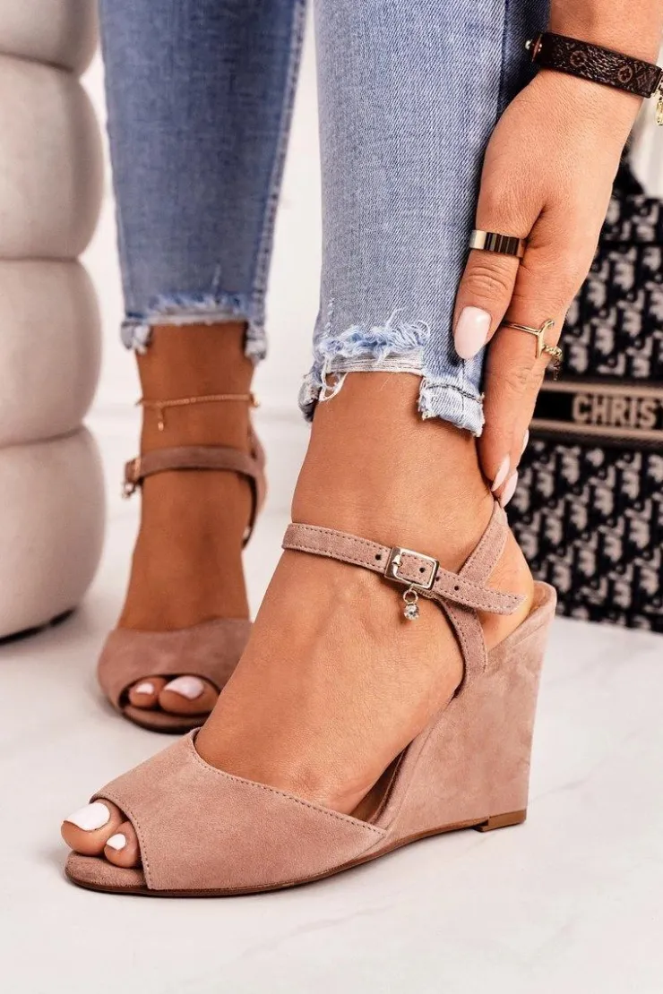 Laura Messi Sandały Na Koturnie*Zamszowe Sandały Na Koturnie 2253 Pudrowy Róż