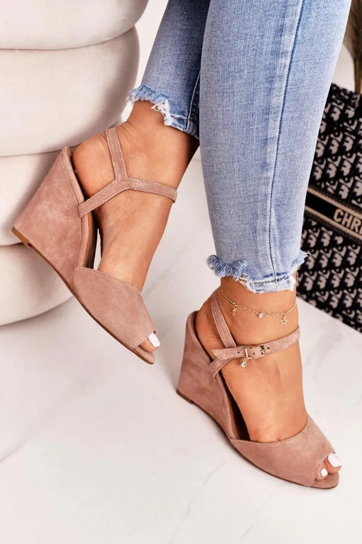 Laura Messi Sandały Na Koturnie*Zamszowe Sandały Na Koturnie 2253 Pudrowy Róż