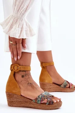 Damskie Maciejka Zamszowe Sandały Na Koturnie 04565-43 Pomarańczowe