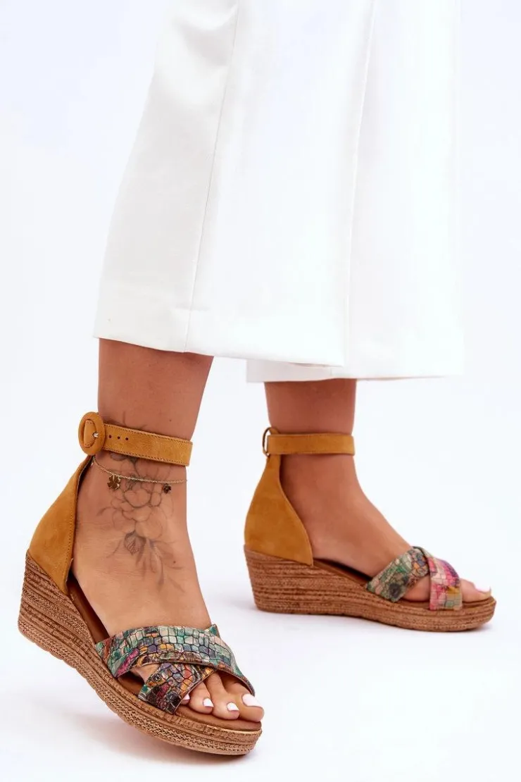 Damskie Maciejka Zamszowe Sandały Na Koturnie 04565-43 Pomarańczowe