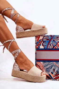 Damskie Boto Zamszowe Sandały Na Koturnie Beżowe Livia