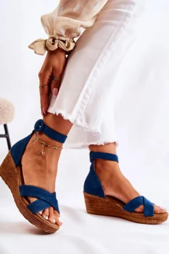 Clearance Maciejka Zamszowe Sandały Na Koturnie 04565-06 Granatowe