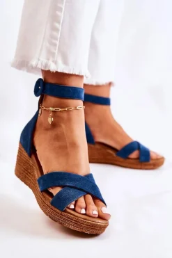 Clearance Maciejka Zamszowe Sandały Na Koturnie 04565-06 Granatowe