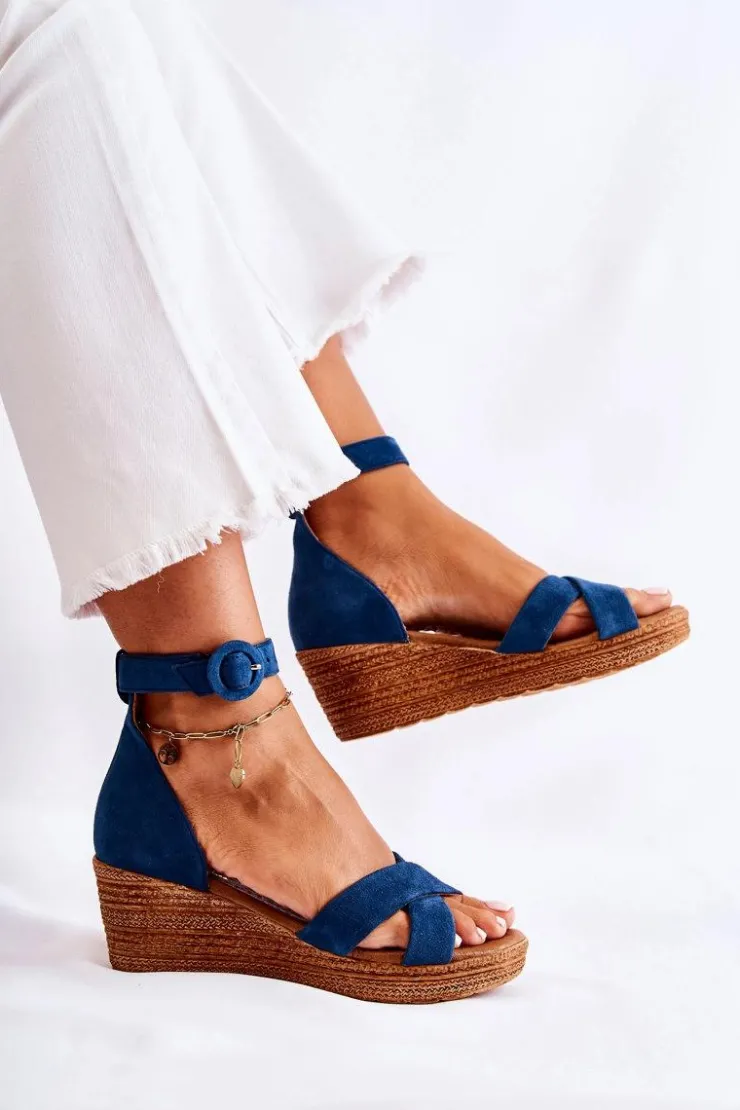 Clearance Maciejka Zamszowe Sandały Na Koturnie 04565-06 Granatowe