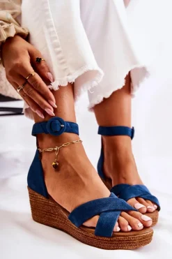 Clearance Maciejka Zamszowe Sandały Na Koturnie 04565-06 Granatowe