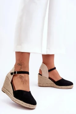 Damskie Boto Zamszowe Sandały Na Koturnie Czarne Selfoss