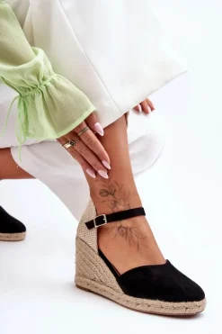 Damskie Boto Zamszowe Sandały Na Koturnie Czarne Selfoss