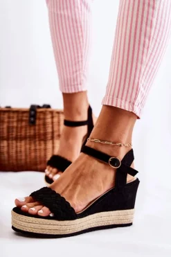 Damskie Boto Zamszowe Sandały Na Koturnie Czarne Gabriela