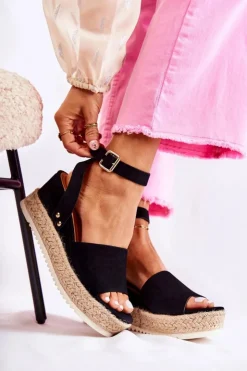 Damskie Boto Zamszowe Sandały Na Koturnie Czarne Lizbona