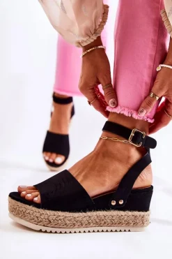 Damskie Boto Zamszowe Sandały Na Koturnie Czarne Lizbona