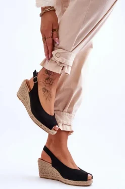 Hot Boto Zamszowe Sandały Na Koturnie Czarne Elsie