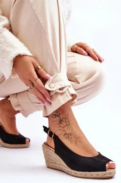 Hot Boto Zamszowe Sandały Na Koturnie Czarne Elsie